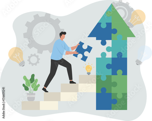Person assembling puzzle pieces into an upward arrow, symbolizing growth, innovation, problem-solving, and progress through ideas and effort