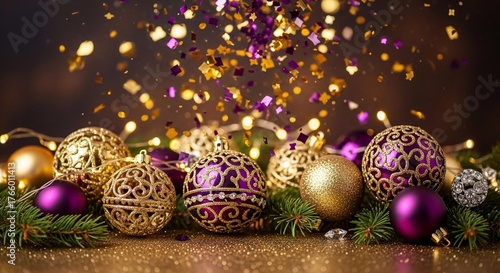 Golden and Purple Christmas ornaments and sparkling lights create a festive atmosphere, celebrating the holiday season.