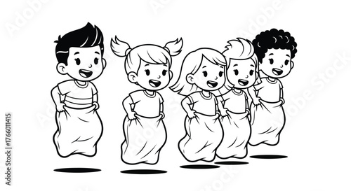 Vector art of a group of diverse children happily participating in a sack race, jumping with joy and excitement