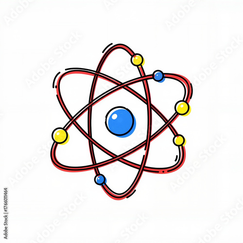 Colorful atomic structure illustration featuring electrons and a central nucleus in a simple design