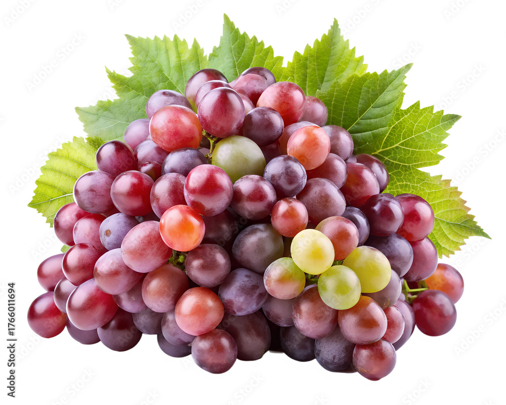 Fototapeta premium A bunch of ripe red and green grapes with fresh green leaves, isolated on transparent background