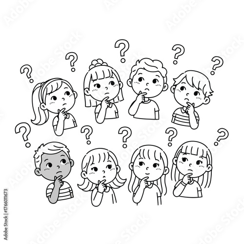 Vector art of a group of diverse children with question marks surrounding them, depicted in a black and white line drawing, suggesting confusion, curiosity, or problemsolving