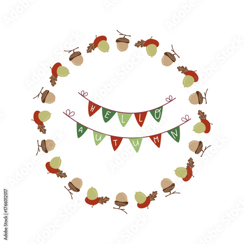  A decorative wreath made of autumn acons. Vector illustration Decorative element with oak branches and acorns