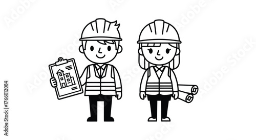 Vector art of two cartoon construction workers, a man and a woman, standing and holding blueprints and a clipboard with a building plan