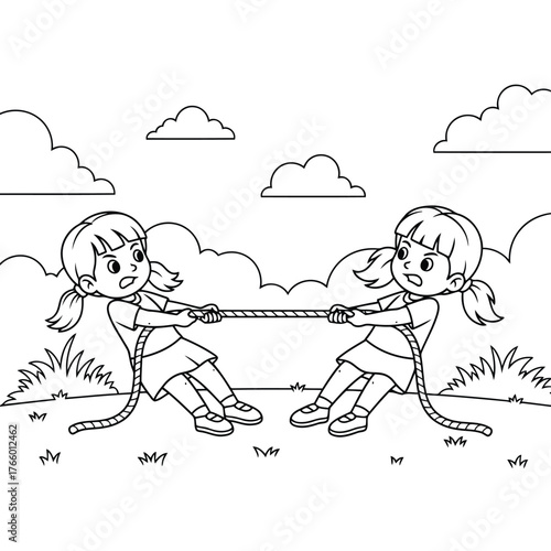 Vector art of two cartoon girls playing tug of war in a grassy field with clouds in the sky, representing competition and teamwork
