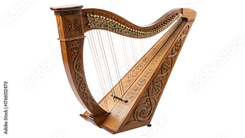 Large wooden harp with long handle cut out on PNG isolated on white background. AI GENERATED.
