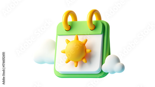 3d cartoon calendar icon with sunny day and clouds concept for planning and scheduling isolated background 3d icon