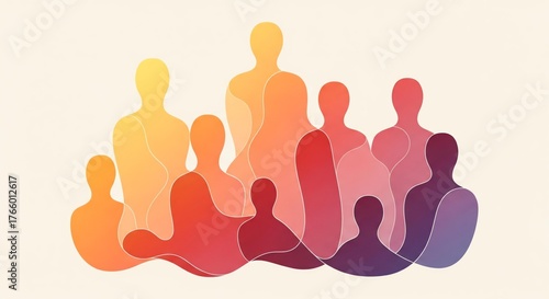 Abstract illustration of diverse individuals, overlapping in warm, vibrant colors, representing unity.