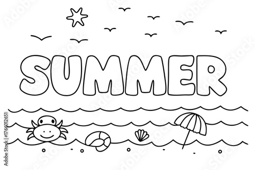 Summer Beach Scene with Crab and Umbrella Coloring Page Keywords: summer, beach, ocean, waves, sand, crab, umbrella, seashell, star, birds, outline
