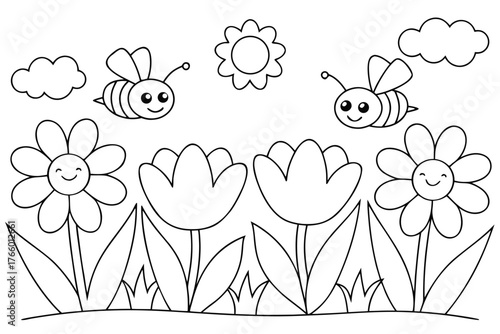 Spring garden with bees flowers and sun for coloring tulips
