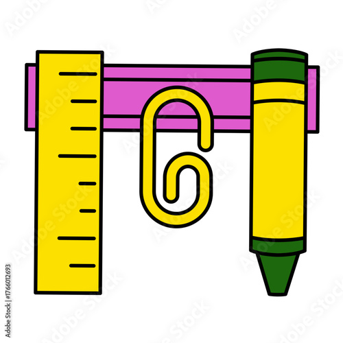Colorful school supplies including ruler, crayon, and paperclip, perfect for educational materials, back to school promotions, and creative projects requiring a fun, vibrant touch