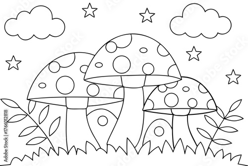 Whimsical Outline Mushrooms with Stars and Clouds for Coloring Pages Keywords: outline, drawing, illustration, mushrooms, toadstools, fantasy