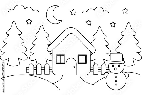 Winter scene with snowman house and moon for coloring trees