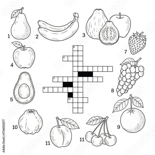 Vector art of assortment of fruits and a crossword puzzle in a black and white sketch style, featuring pear, banana, guava, apple, avocado, strawberry, grapes, orange, quince, plum, and cherries