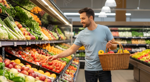Fototapeta Naklejka Na Ścianę i Meble -  A man shopping for fresh vegetables and fruits in a grocery store, holding a basket, wearing casual clothes, bright and natural light.
