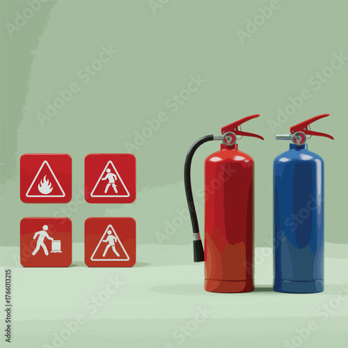 Vector art of fire extinguisher and safety warning signs on a light green background