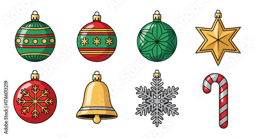 Set of Festive Christmas Ornaments and Decorations including Baubles, Snowflakes, Star, Bell, and Candy Cane for Holiday Celebrations