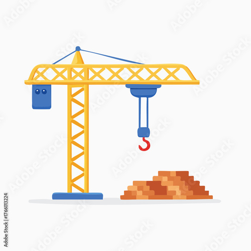 Animated yellow construction crane lifting materials against a neutral background