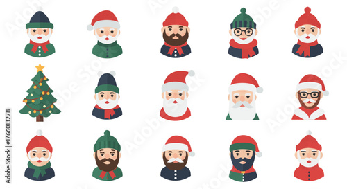 Collection of various Christmas Santa Claus cartoon icons and a decorated Christmas tree, perfect for holiday graphics and designs