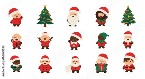 Set of Adorable Cartoon Santas and Christmas Trees - Festive Holiday Illustrations for Seasonal Decor and Greetings
