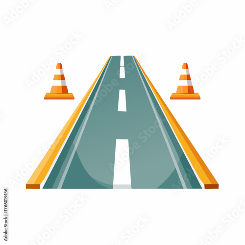 Cartoonish road illustration with cones flanking the sides of the asphalt