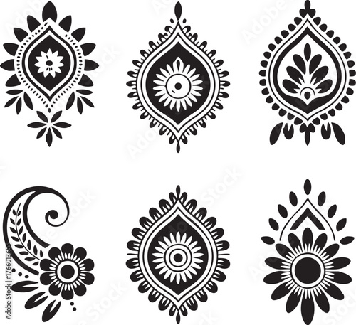 Black Paisley and Floral Henna Designs on White vector