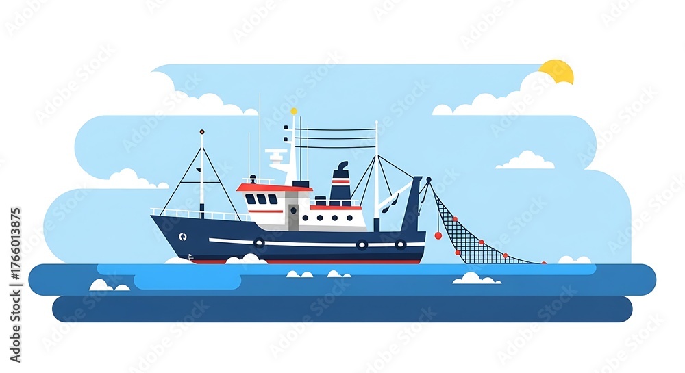 Fototapeta premium Fishing trawler at sea with sunny day.