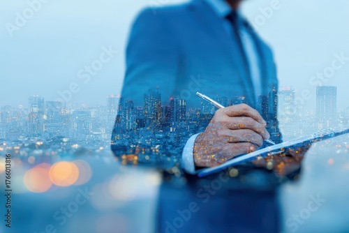 A double exposure image of a businessman in a suit writing on a tablet, with a cityscape in the background.