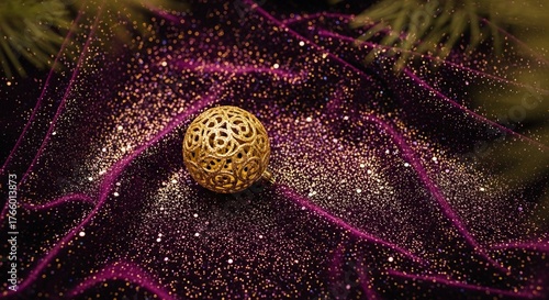 Close-up shot of a delicate, ornate gold sphere resting on a luxurious, textured surface, illuminated with sparkling elements.