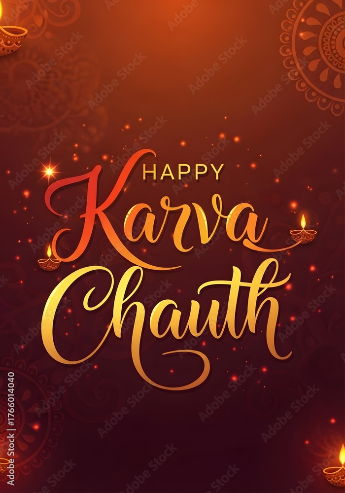 Obraz premium Karva Chauth festival greeting design with elegant typography and decorative elements