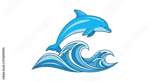 Cartoon dolphin jumping over ocean waves in a playful and vibrant illustration