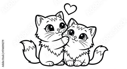 Vector art of two adorable cartoon kittens with big eyes snuggled together, one nuzzling the other, with a small heart floating above them, symbolizing love and affection