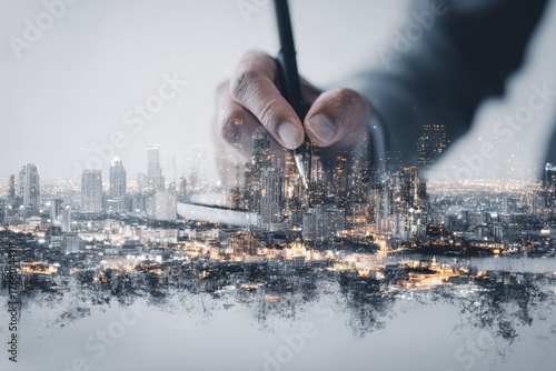 A double exposure of a businessman holding a pen superimposed on a city skyline, symbolizing business and urban life coming together.
