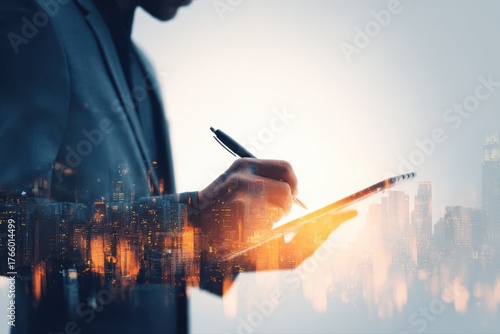 A businessman in a suit writing on a piece of paper, with a double exposure effect of a cityscape in the background.