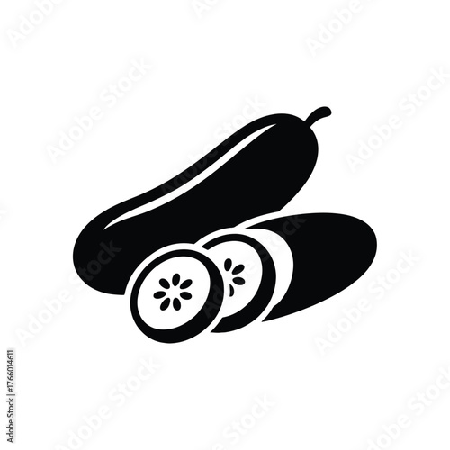 Black silhouette icon of a whole cucumber and two slices on a white background vegetable