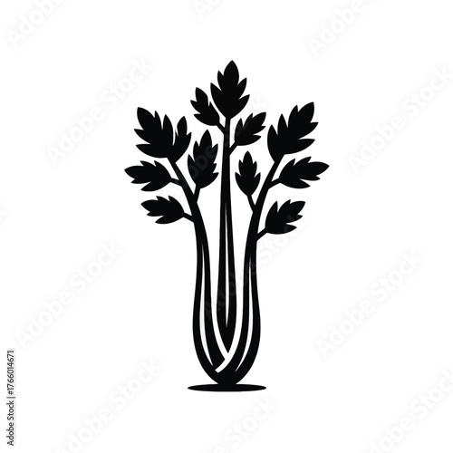 Black silhouette of a bunch of celery stalks with leaves on a white background Keywords: celery, vegetable, food