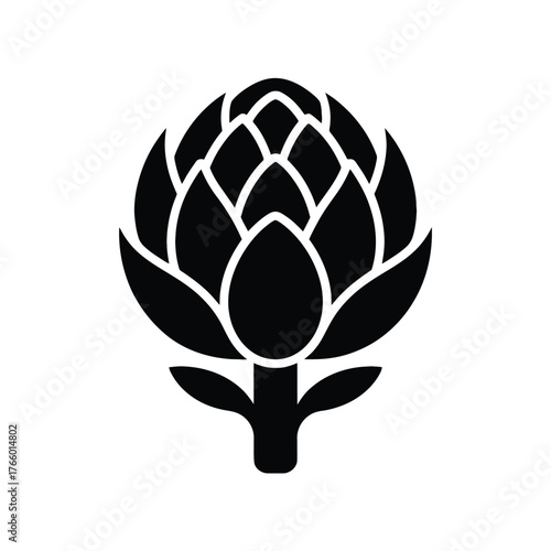 Black silhouette of an artichoke with stem and leaves on a white background vegetable food