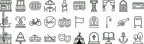 City Outline Icon set. Transportation, Architecture, Landmarks, Outdoor Activities, and Public Spaces Minimal Line Art Symbols for Urban Design and Tourism Concepts