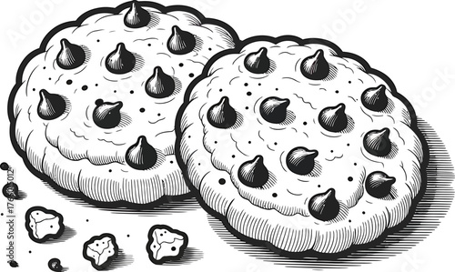 Hand drawn illustration of two chocolate chip cookies with crumbs