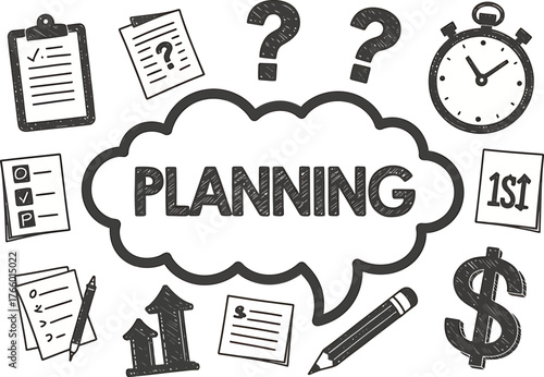 Hand drawn planning concept with icons and question marks
