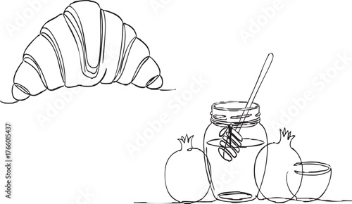 Elegant one line drawing of a croissant, honey, and pomegranates for breakfast art prints and minimalist logos