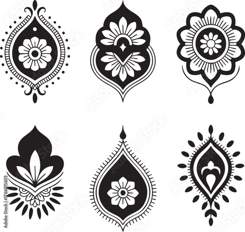 Six black and white floral paisley decorative elements