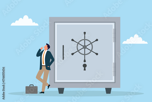 Vector illustration of a thoughtful businessman standing beside a safe vault, representing financial planning, strategic thinking, security, and careful business decisions
