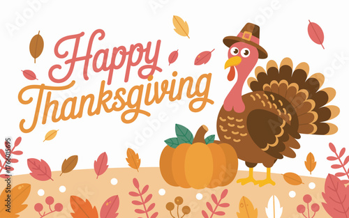 A whimsical cartoon turkey with a pumpkin celebrating Thanksgiving