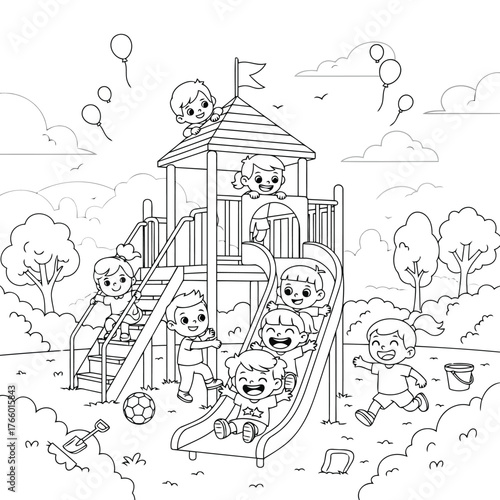 Vector art of children playing happily on a colorful playground with slides and swings, enjoying outdoor activities
