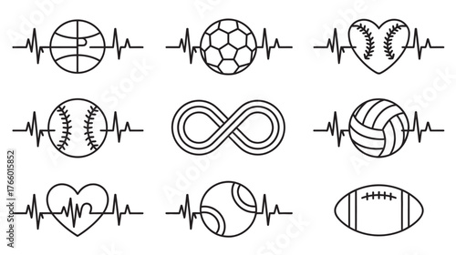 Sports passion concept with a heartbeat EKG line and various game balls