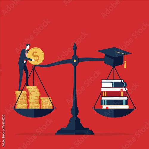 Vector art of balance scale weighing money against education, investment concept
