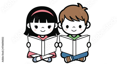 Vector art of two cute cartoon children, a boy and a girl, sitting and reading books together