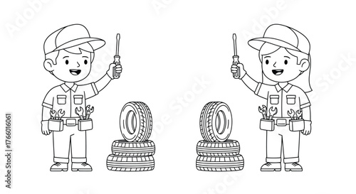 Vector art of two cartoon mechanics, a boy and a girl, holding screwdrivers and wearing tool belts, with stacks of tires