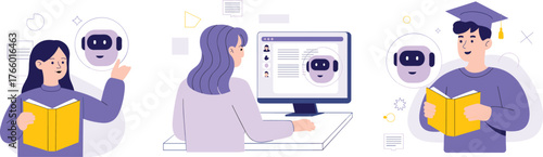 Online education with AI tutor, students learning with robot assistant, virtual classroom, artificial intelligence study and digital technology, flat vector illustration